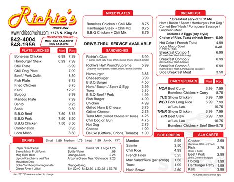 richie's drive thru|richie's restaurant menu.